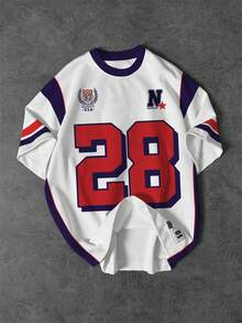 Aesthetic Post 男士休闲短袖T恤，印有数字28和字母N，学院风（红蓝条纹） - 彩色 - 查看 1