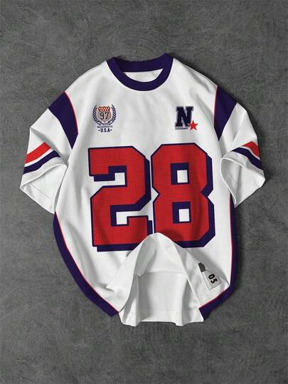 Aesthetic Post 男士休闲短袖T恤，印有数字28和字母N，学院风（红蓝条纹）