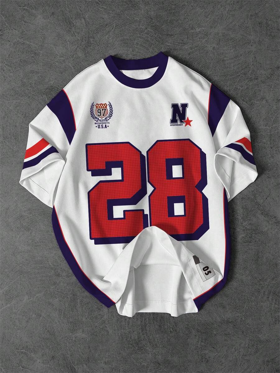 Aesthetic Post 男士休闲短袖T恤，印有数字28和字母N，学院风（红蓝条纹） - 彩色 - 查看 1