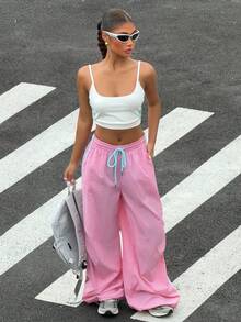 Muchica Casual Sports Colorblock Striped Wide Leg Pants - Pink - View 4