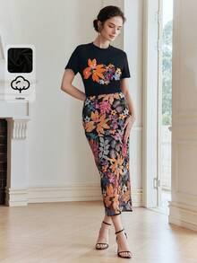 Anewsta 94% Cotton Elegant Women's T-Shirt, Minimalist Commuting Casual Short Sleeve Round Neck Embellished With Sequin Embroidery, Black - Black - View 7