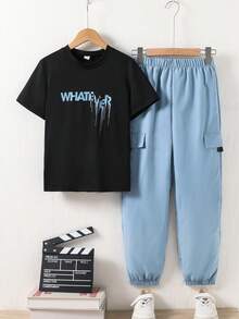 SHEIN Vacaura 男童春夏两件套服装 - 印花黑色短袖T恤搭配工装裤，休闲百搭套装 - 彩色 - 查看 5