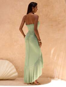 SHEIN Glamour 女士绿色网纱针织露脐抹胸连衣裙，荷叶边下摆，女士绿色性感度假派对时尚连衣裙，开衩连衣裙 - 綠色 - 查看 3