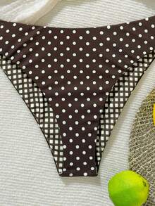 Brown Base Yellow Polka Dot & Plaid Reversible Tween Girls Swimsuit Set, Suitable For Summer Vacation, Swimming Pool, Beach Party - Multicolor - View 6