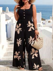 Linhara CURVE Plus Size Women Floral Print Patchwork Sleeveless Jumpsuit, Summer Holiday Beach Outfit - Black - View 5