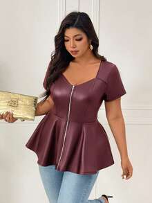 Femmeverse Women's Plus Size New Solid Color Square Neck Keyhole A-Line Elastic PU Top, Slimming And Hip Covering - Burgundy - View 3