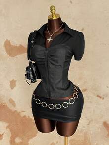 Sunspun Áo sơ mi nữ cỡ lớn tay ngắn xếp ly khóa kéo phía trước kiểu dáng thường ngày - màu đen - Xem 6