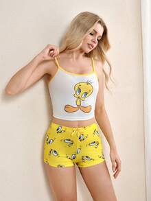 LOONEY TUNES X SHEIN Women's Cartoon Print Camisole And Shorts Pajama Set, - Yellow - View 4