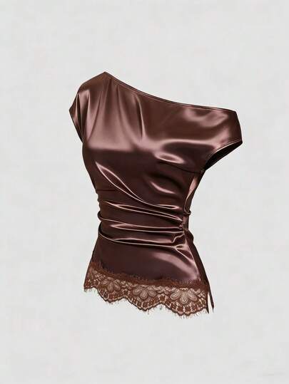 SHEIN PETITE Spring/Summer Fashion Satin Waist Ruched Slim Fit Lace Hem Splice Casual Shoulder Blouse For Petite Women, Coffee Color