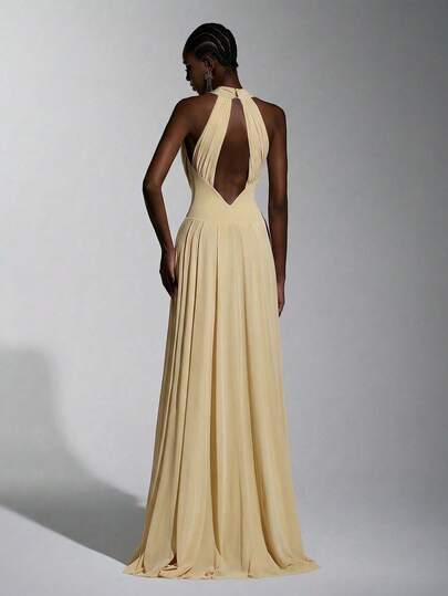Elitara Elegant, Romantic, Fashionable Yellow Elastic Mesh Draped Neck A-Line Dress, Suitable For Formal Party, Wedding Guest, Yellow Dress, Fashionable And Elegant Bridesmaid Dress