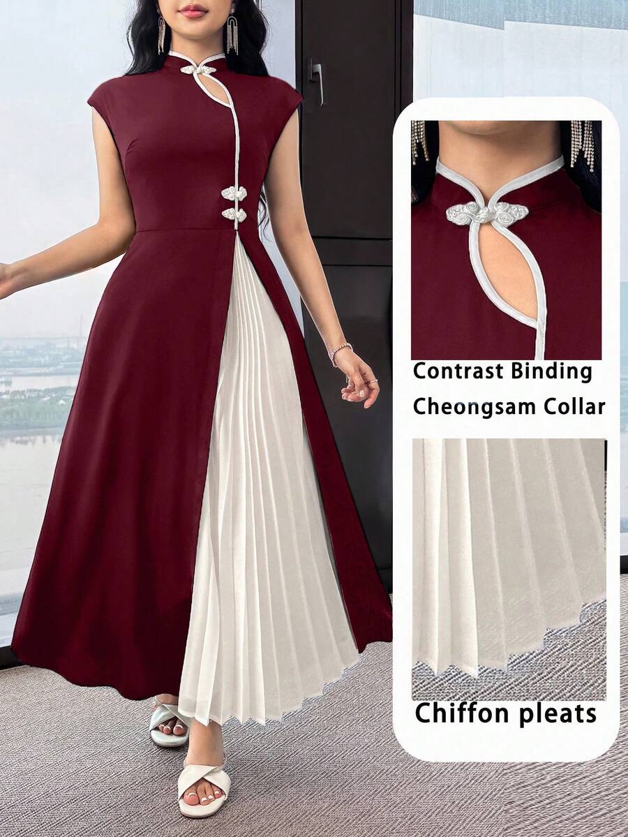 Feyla Women's Contrast Color Cheongsam Collar Dress - Burgundy - View 1