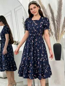 少女度假海滩乡村热带夏季树叶碎花方领花瓣袖系带连衣裙 - 藏蓝色 - 查看 10