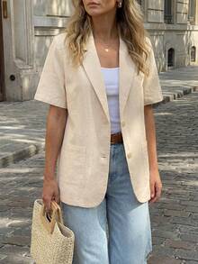 Hansera Blazer de mujer de un solo botón, de unicolor, de manga corta, de tela delgada y de estilo elegante para uso diario - Albaricoque - Ver 3