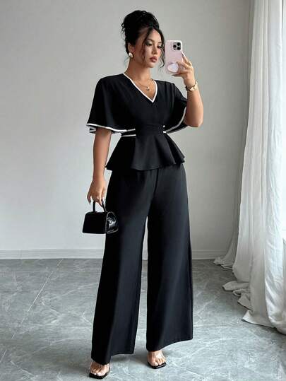 Elenzga Conjunto de 2 piezas de talla grande con top de manga corta y cuello en V elegante y pantalones largos, casual para el trabajo y el verano