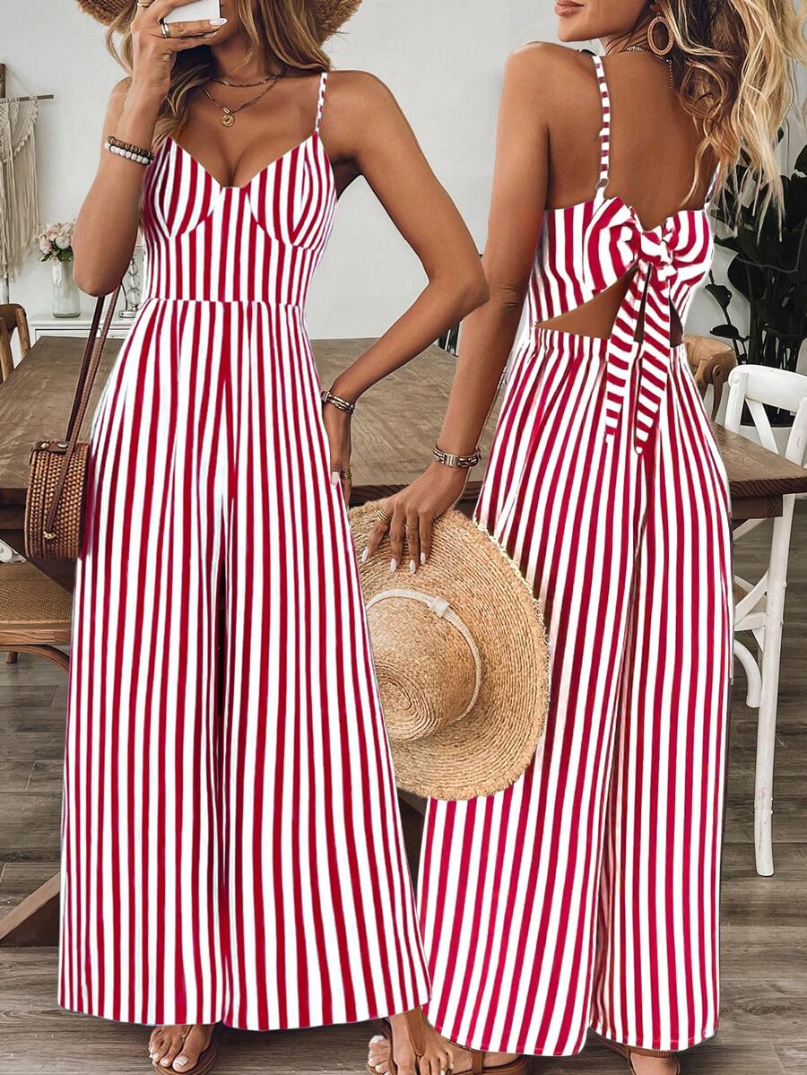 Breezaya Women's Casual Floral Print Loose Jumpsuit With Spaghetti Straps And Open Back, Spring/Summer - Red - View 1
