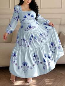 Vibekara 优雅法式方领印花长连衣裙，休闲百搭，适合约会和聚会，粉色，大码 - 藍色 - 查看 3