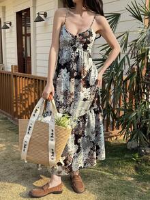 Livesso Robe d'été en mousseline de soie bohème à fleurs Ditsy, patchwork sans manches. Robe midi décontractée pour les vacances à la plage. Robe d'été bohème pour femmes - Bleu marine - Voir 6