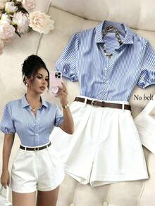 SHEIN Franclia 女士条纹短袖单排扣条纹衬衫和短裤休闲两件套 - 彩色 - 查看 1