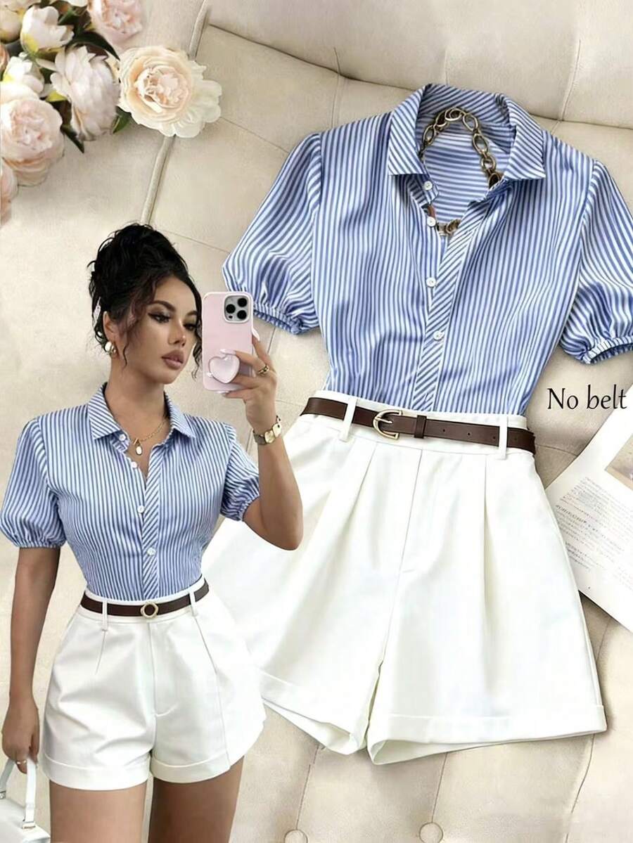 SHEIN Franclia 女士条纹短袖单排扣条纹衬衫和短裤休闲两件套 - 彩色 - 查看 1