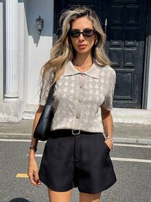 Franclia Áo khoác cardigan dệt kim tay ngắn khoét lỗ, cài một hàng khuy, phong cách thường ngày dành cho nữ. - Màu be - Xem 3