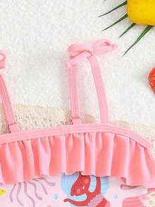 新生女童连体泳衣，细肩带蝴蝶结装饰泳衣，针织涤纶数码印花蝴蝶结图案泳衣，附赠帽子，可爱海边泳衣，适合新生女童 - 淺粉色 - 查看 3