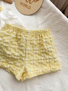 Babygirl Summer Cute Vacation Ruffle Camisole Top And Plaid Shorts Set - Yellow - View 4