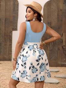SHEIN VCAY Plus Size Women Casual Floral Patchwork Dress - Baby Blue - View 2