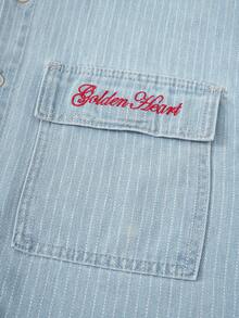 Manfinity Joysei Men's Casual Street Style Striped Embroidered Blue Denim Short Sleeve Shirt - Light Wash - View 4