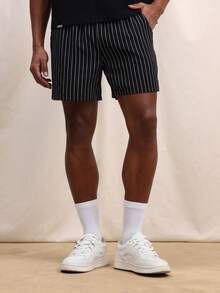SUMWON Men Vertical Pinstripe Drawstring Elastic Waist Summer Casual Shorts With Side Pockets Above Knee Length - Black - View 1