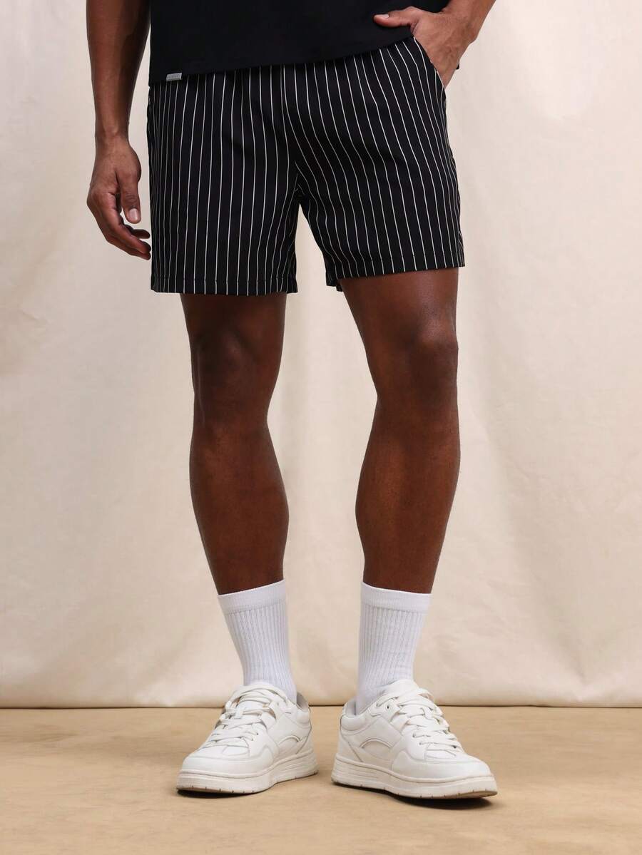 SUMWON Men Vertical Pinstripe Drawstring Elastic Waist Summer Casual Shorts With Side Pockets Above Knee Length - Black - View 1