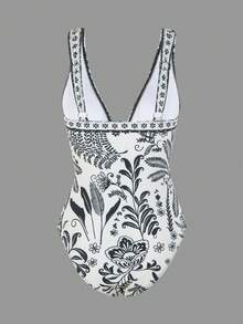 Swim Vcay Women's Summer White Floral One-Piece Swimsuit,Boho Elegant Black And White Thick Strap Avant-Garde Minimalist Beach Vacation Holiday Party Swimwear - Multicolor - View 2