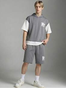 Vacaura 青少年男孩休闲撞色连帽衫短裤套装，适合日常穿着、通勤和运动。 - 灰色 - 查看 6