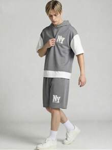 Vacaura 青少年男孩休闲撞色连帽衫短裤套装，适合日常穿着、通勤和运动。 - 灰色 - 查看 8