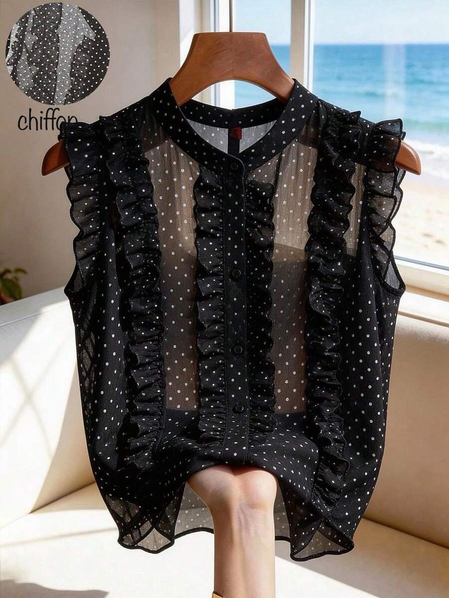 Franclia French Retro Polka Dot Sleeveless Chiffon Blouse. Classic Black And White Polka Dot Chiffon Fabric, Breathable And Smooth. It Won't Make You Sweat In Summer. It Has A Hazy And Transparent Quality. The Ruffled Stand-Up Collar And Placket Design Show A Retro Style. It Is Suitable For Snrina And Women In Summer. It Is Suitable For Summer, Spring, Easter, Festivals, Parties, Beach Weddings, Graduation Ceremonies, Outdoor Activities, Birthday Celebrations, Elegant Vacations, Casual Wear, Luxurious Style, Sportswear, Formal Wear, And Graduation Season Clothing. It Is Also Suitable For Fashionable Casual Commuting Wear, Business Office Wear, Versatile And Fashionable Daily Casual Wear, And Urban Teacher Professional Wear. - Black - View 1