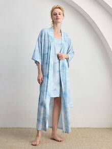 Ocili Leisure Comfortable Minimalist Chain Print Cotton Blend Mid-Sleeve Robe With Tie, Women Sleepwear Robe, Chic Autumn - Blue - View 7