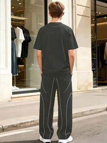 Vacaura 青少年春夏短袖长裤套装（两件套），经典黑白配色，时尚休闲舒适线条印花设计，适合户外及日常穿着。 - 彩色 - 查看 5