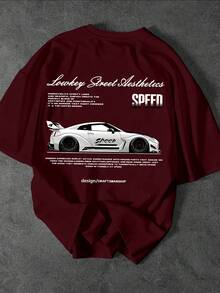 SHEIN Men's Slogan & Car Print Short Sleeve Casual T-Shirt - Burgundy - View 4
