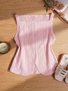 SHEIN 少女粉色纹理针织翻领无袖衬衫 - 粉色 - 查看 6