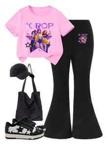 1 Set Young Girl K-POP Girl Group Graphic Print Short Sleeve T-Shirt And Flare Pants Outfit,Light Pink,Summer,School,Back-To-School Fashion Leisure - Multicolor - View 3