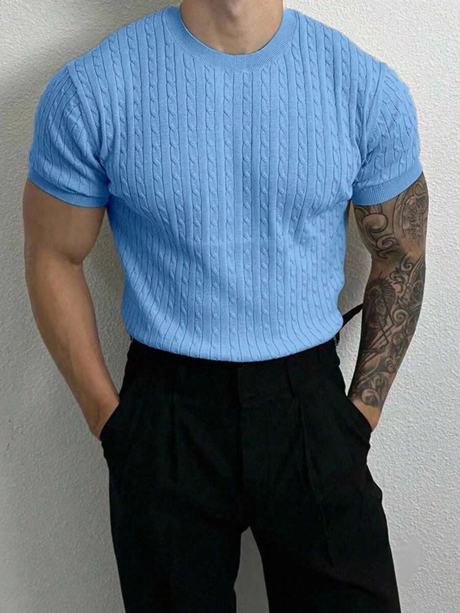 Manfinity Homme Áo thun nam tay ngắn dệt kim màu trơn, kiểu dáng thường ngày, thích hợp cho mùa hè. - Màu xanh lam - Xem 1