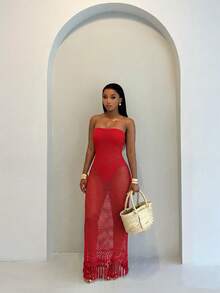 SHEIN BamGlam 女士沙滩夏季钩编网纱流苏下摆连衣裙，假两件式设计，连体裤搭配性感透明网纱无肩带连衣裙，适合夏季沙滩度假 - 紅色 - 查看 3