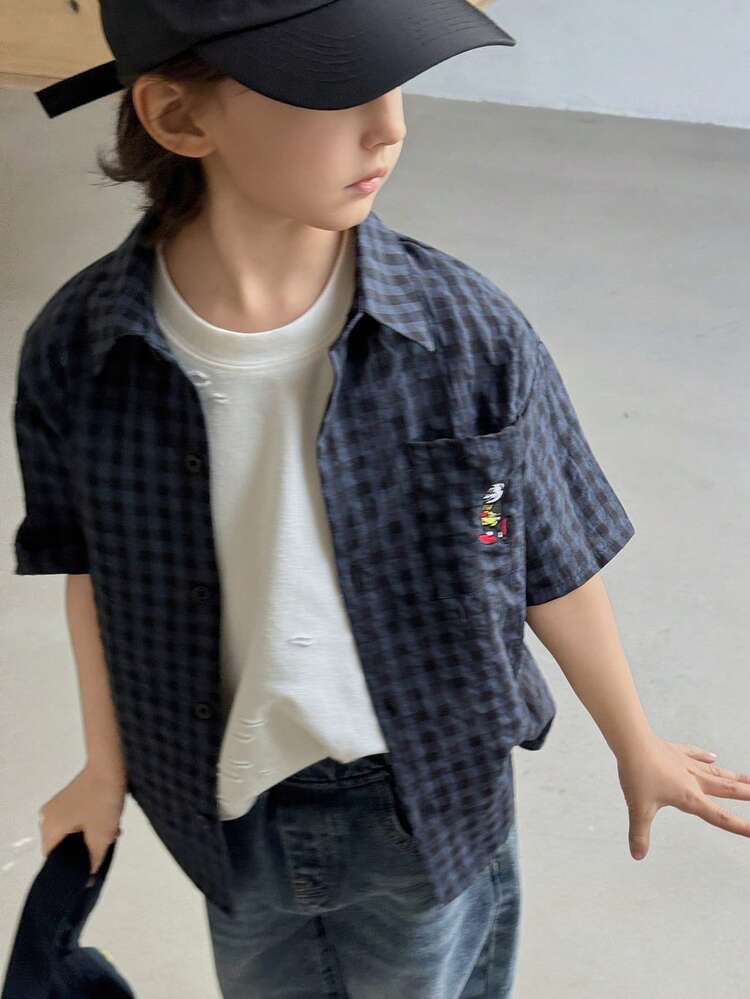 Young Boy Summer Casual Daily Commute School Style Cartoon Embroidery Patchwork Plaid Print Short Sleeve Shirt