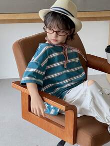 DAZY 男童条纹印花圆领休闲短袖T恤 夏季 - 藍色 - 查看 2