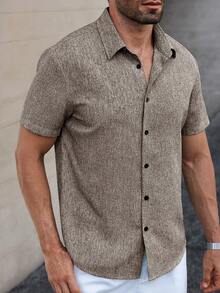 Manfinity Homme Manfinity CasualCool 男士亚麻条纹短袖衬衫，适合夏季日常通勤 - 鏽棕色 - 查看 4