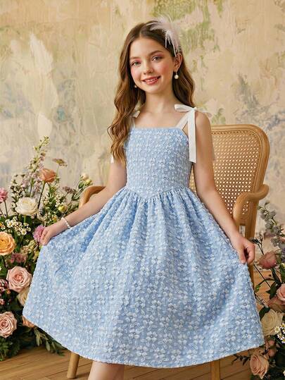 1pc Girls Jacquard Weave Vacation Style Sleeveless Waist Cinched Lightweight Summer Dress