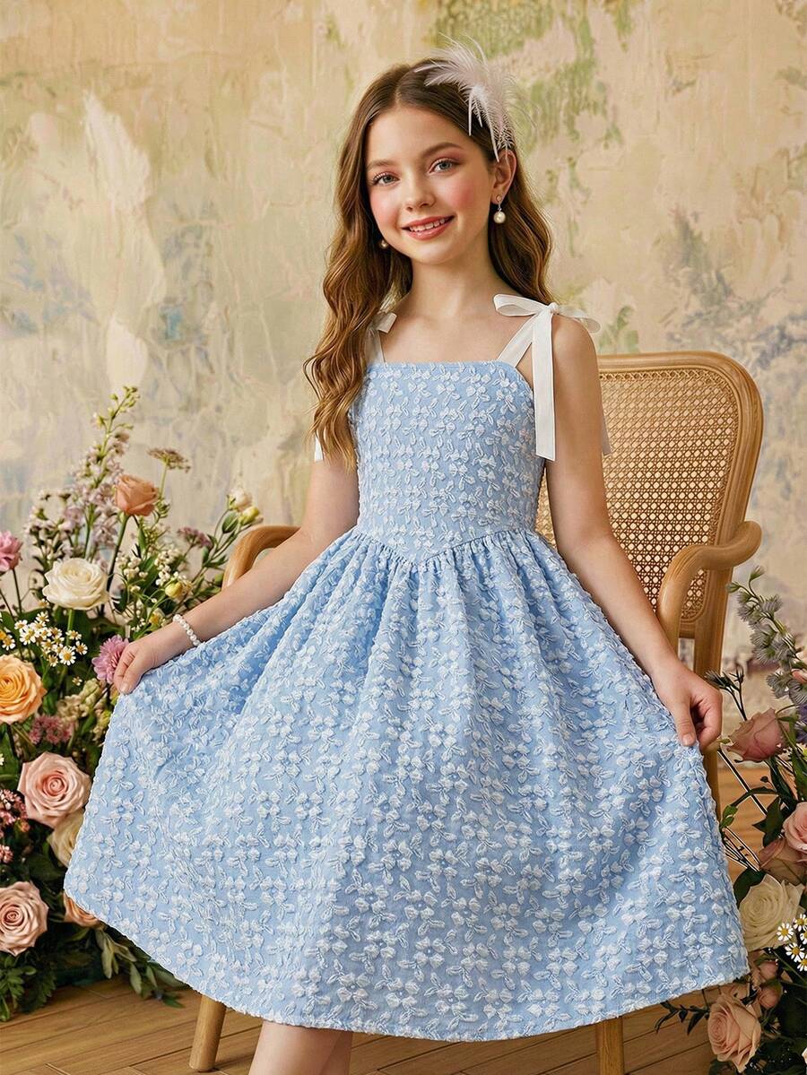 1pc Girls Jacquard Weave Vacation Style Sleeveless Waist Cinched Lightweight Summer Dress - Blue - View 1