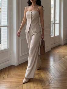 Firerie 女士春夏新款优雅度假套装，杏色亚麻露背上衣，腰部褶皱设计，不对称下摆，高腰长裤，两件套亚麻套装 - 杏色 - 查看 3