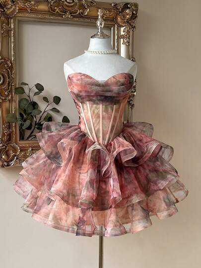 Lovelzi Elegant Multi-Color Romantic Mesh Floral Print Strapless Dress With Handmade Floral Appliques, Fishbone Waist Tape, Tiered A-Line Skirt, Adjustable Tie Closure, Suitable For Dates, Vacations, Singles Parties, Weddings, Back To School Events, Short Party Dress