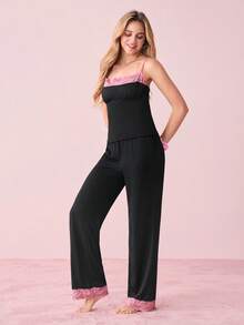 女士蕾丝拼布吊带上衣和长裤睡衣套装 - 黑色 - 查看 5