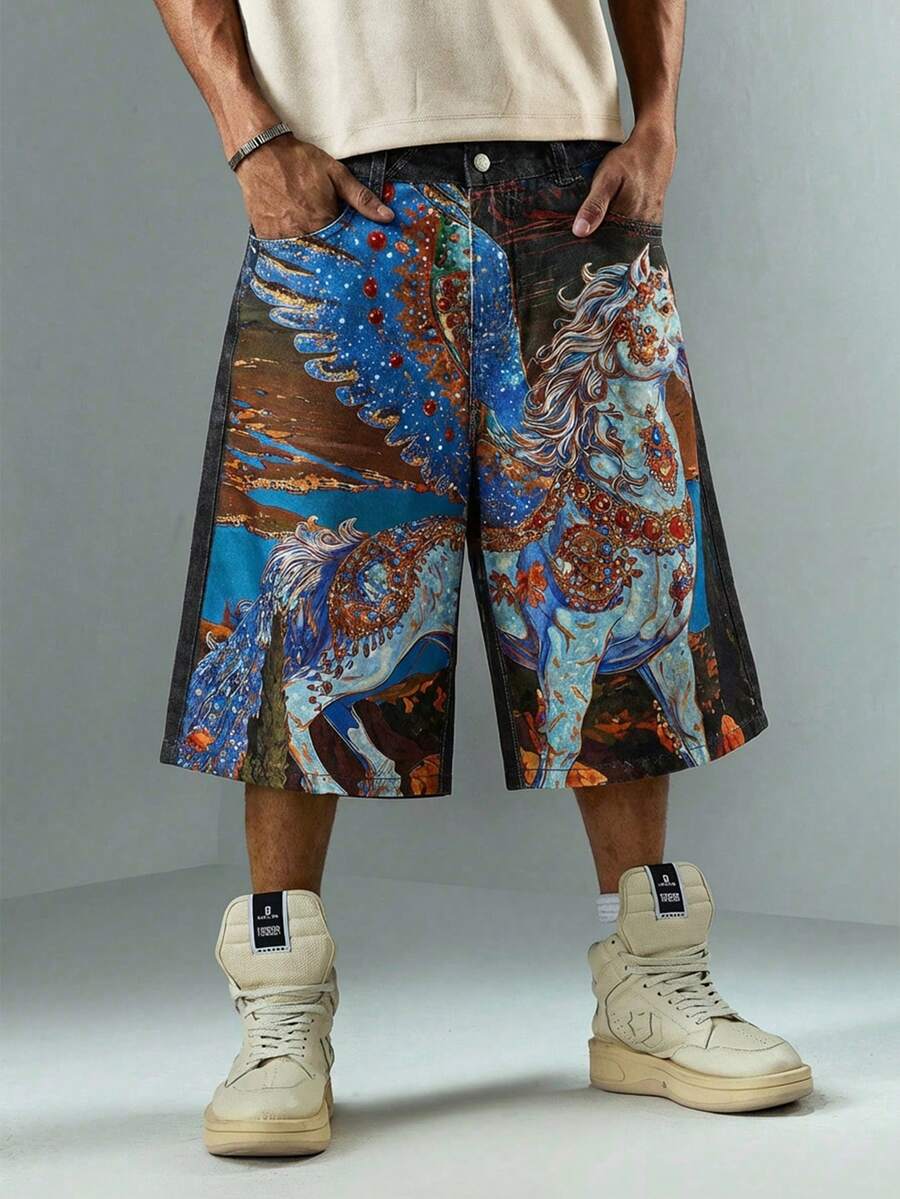 ROMWE MEN Street Life Men's Rhinestone Horse Print Denim Shorts - Black - View 1
